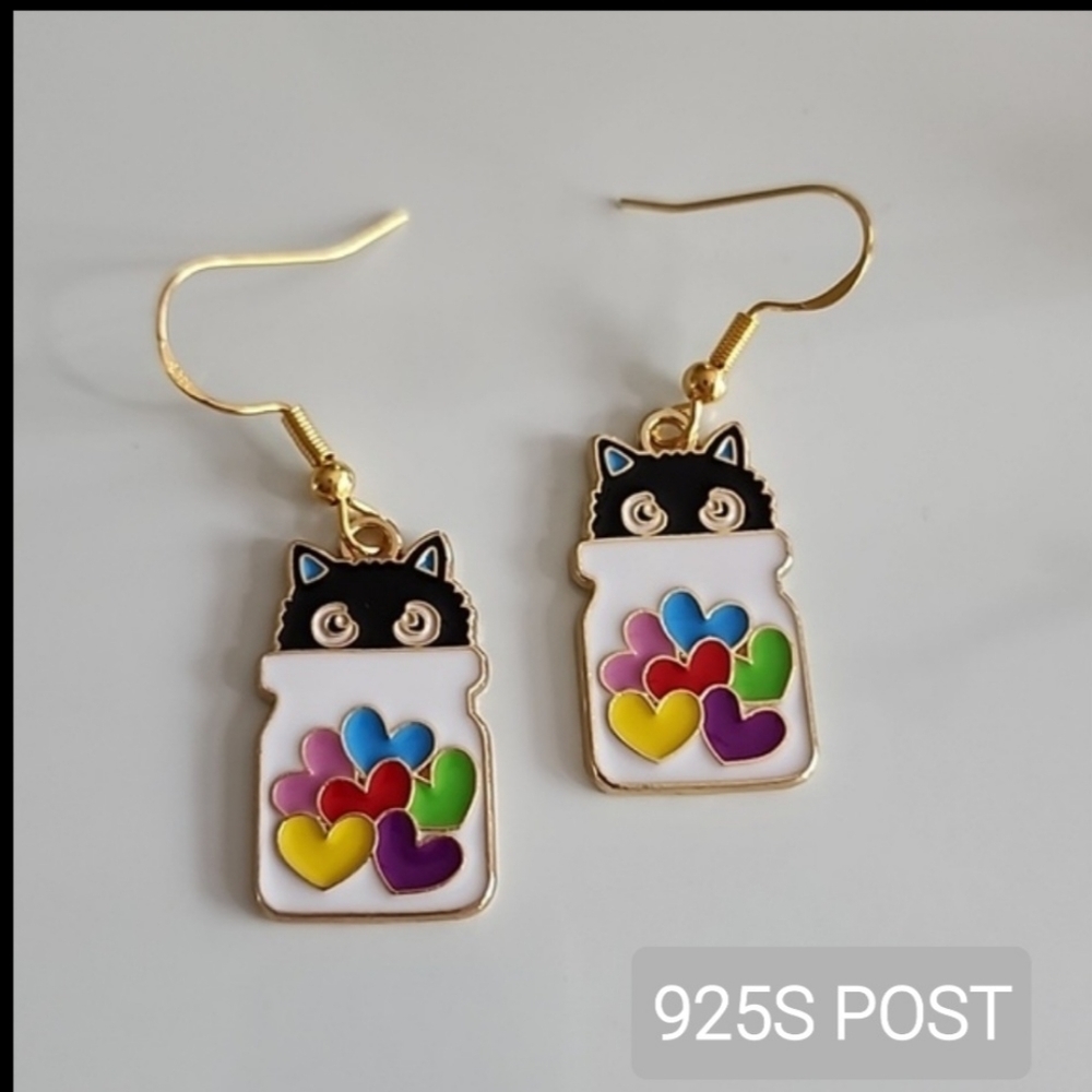 Peekaboo Black Cat Colorful Heart MASON JAR Candy Earrings EO